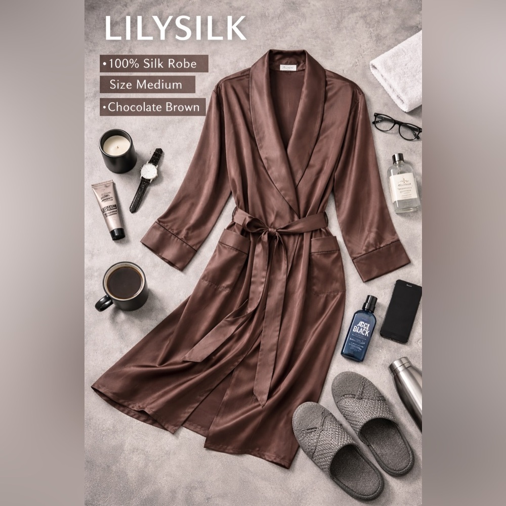 100% Mulberry Silk Robe – Size Medium – Chocolate Brown-unisex